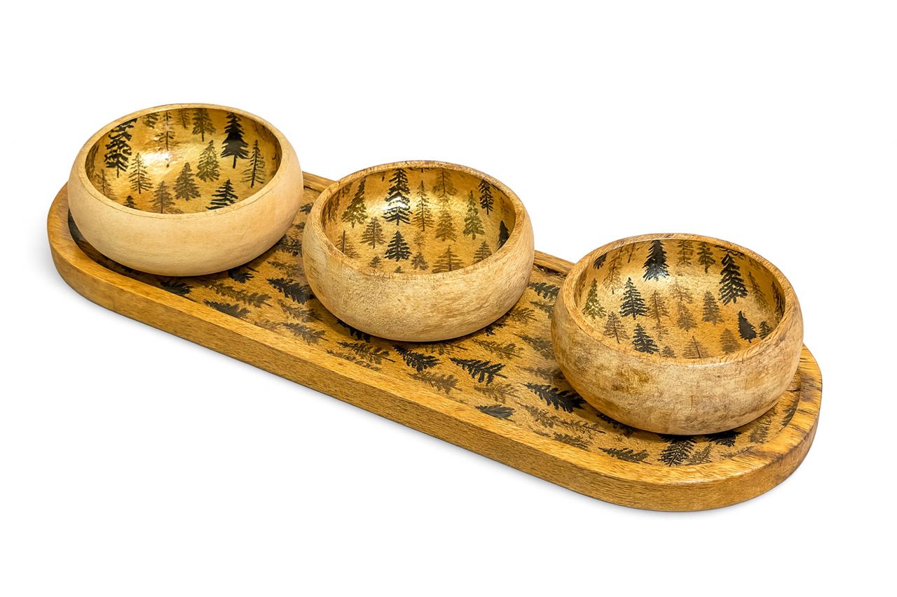 Set of 3 Wooden Bowls with Serving Tray – Forest Pattern