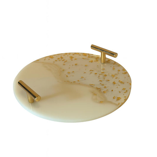 Round Marble-Effect Tray with Gold Handles & Accents