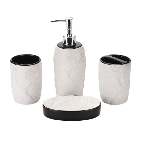 White Seashell-Inspired Bathroom Accessory Set – 4 Pieces