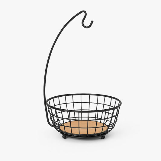 Black Wire Banana Holder Basket with Wooden Base