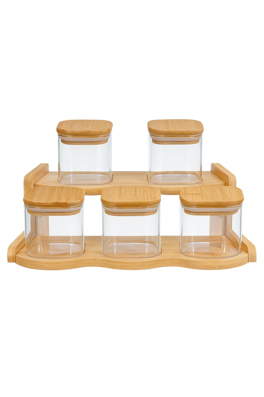5-Piece Glass Spice Jar Set with Bamboo Lids & Stand
