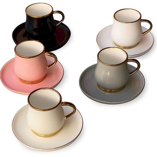 Elegant Mixed-Color Turkish Coffee Set – 6 Cups with Plates