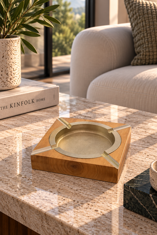 Square Wood & Brass Ashtray – Classic Elegance for the Discerning Smoker