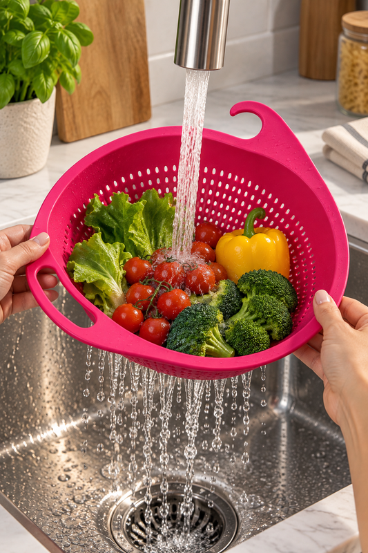 Pink Plastic Oval Strainer with Dual Handles