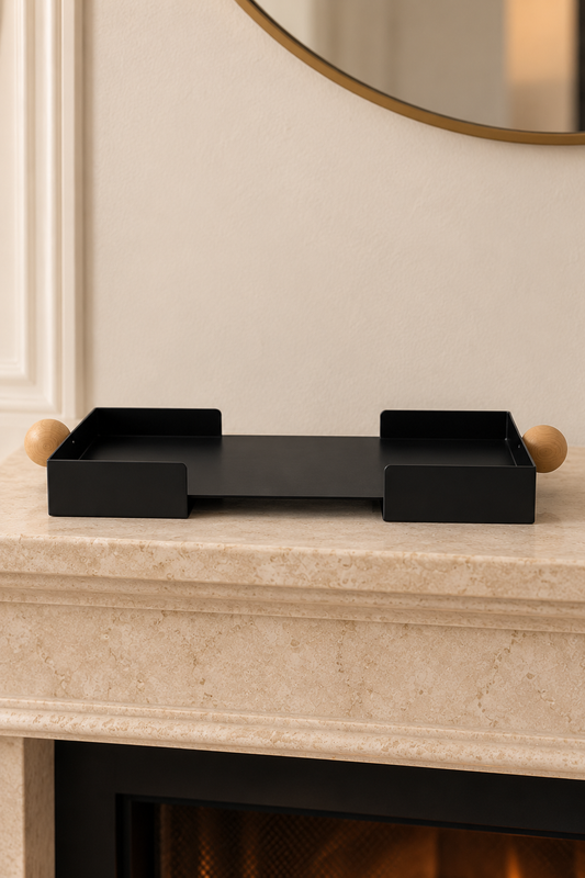 Modern Black Serving Tray with Wooden Handles