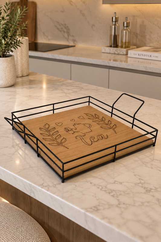 Rustic Wooden Tea Tray with Black Metal Frame