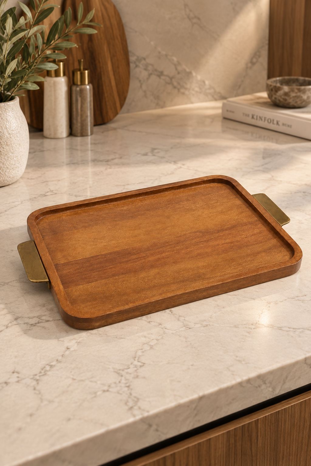 Rectangular Wooden Serving Tray with Gold Handles - 42*30cm