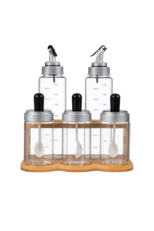 6-Piece Oil & Spice Dispenser Set with Bamboo Stand