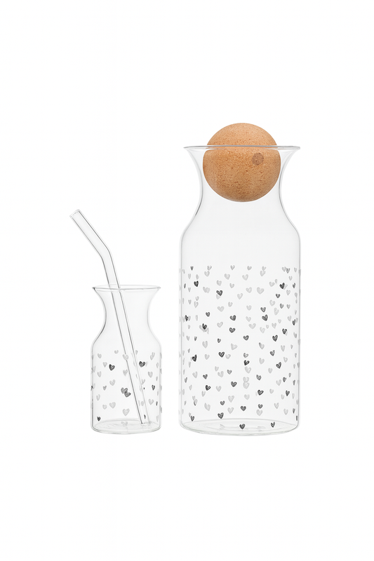 Glass Carafe Set with 6 Cups, Straw & Cork Lid – Heart Design