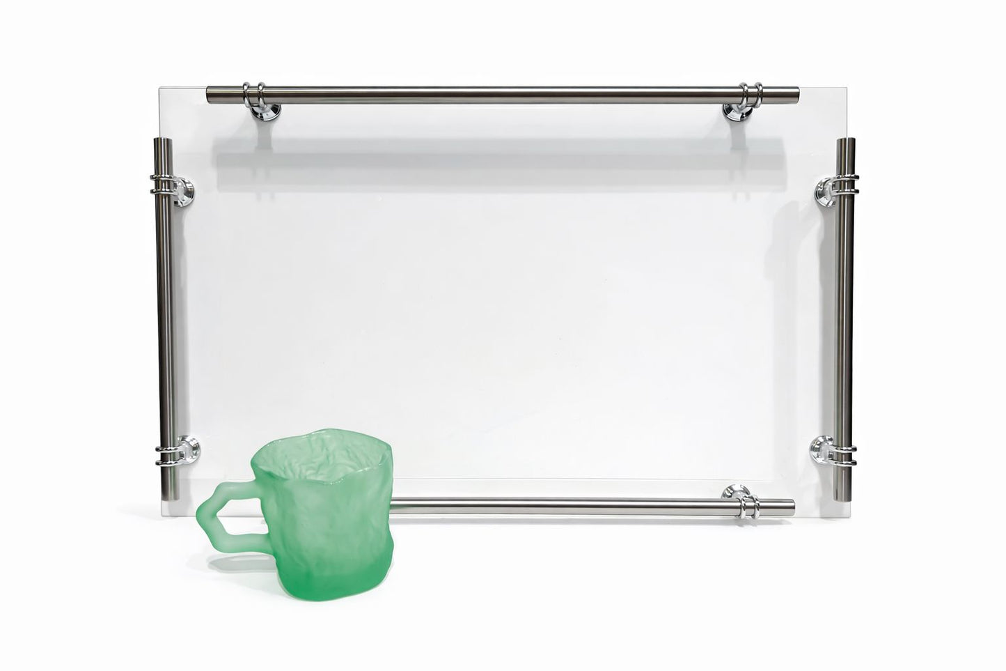 Modern Glass Serving Tray with Green Cups Set