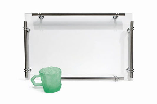 Modern Glass Serving Tray with Green Cups Set
