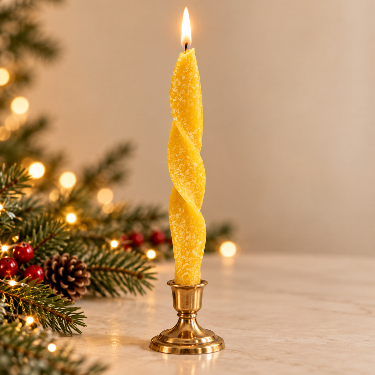 Textured Twisted Taper Candle - Yellow - styled holiday setting