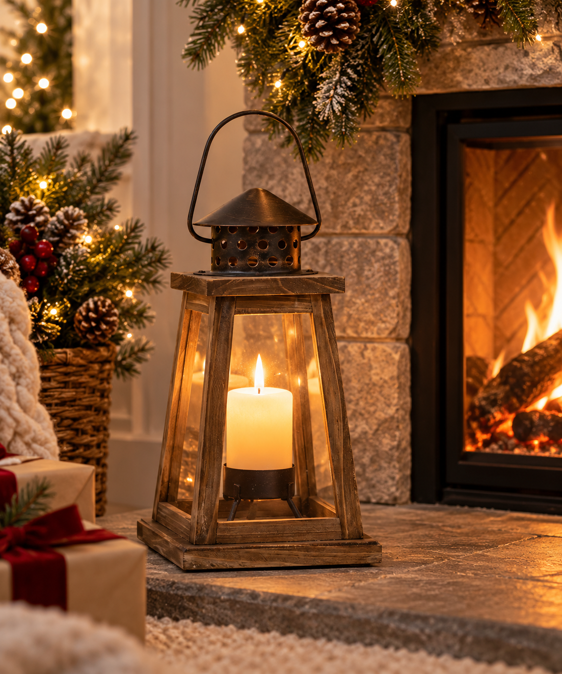 Wood Lantern - styled holiday setting