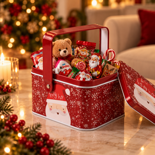 Red Snowflake Santa Christmas Storage Tin with Handle