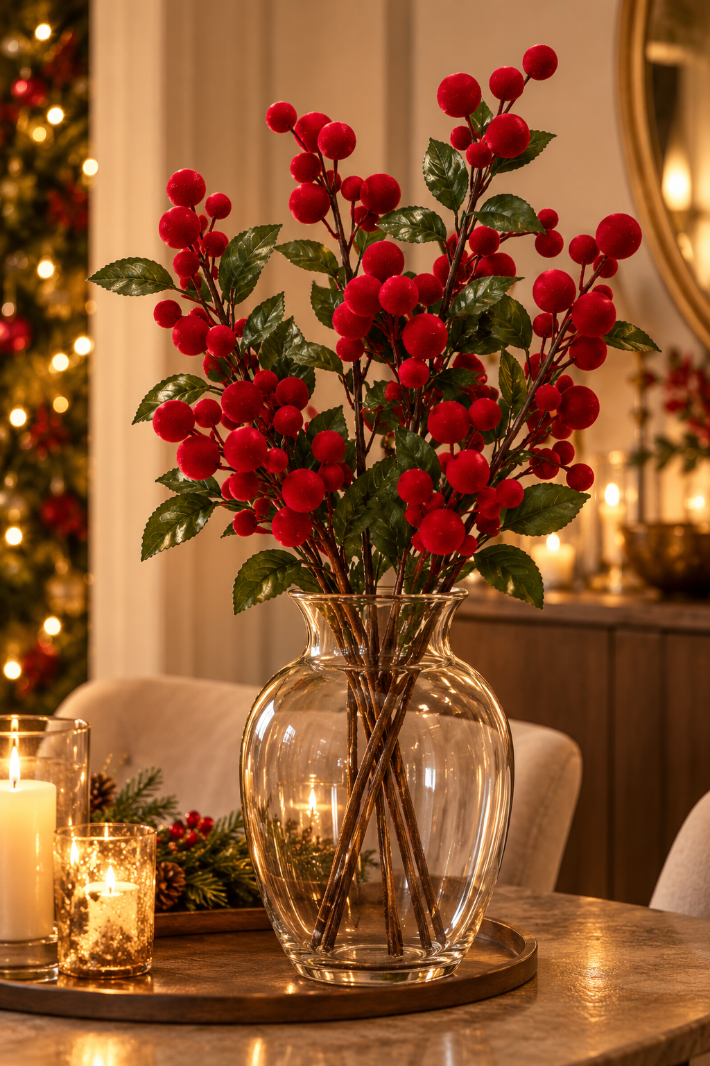 Red Velvet Berry and Leaf Holiday Floral Pick - styled holiday setting