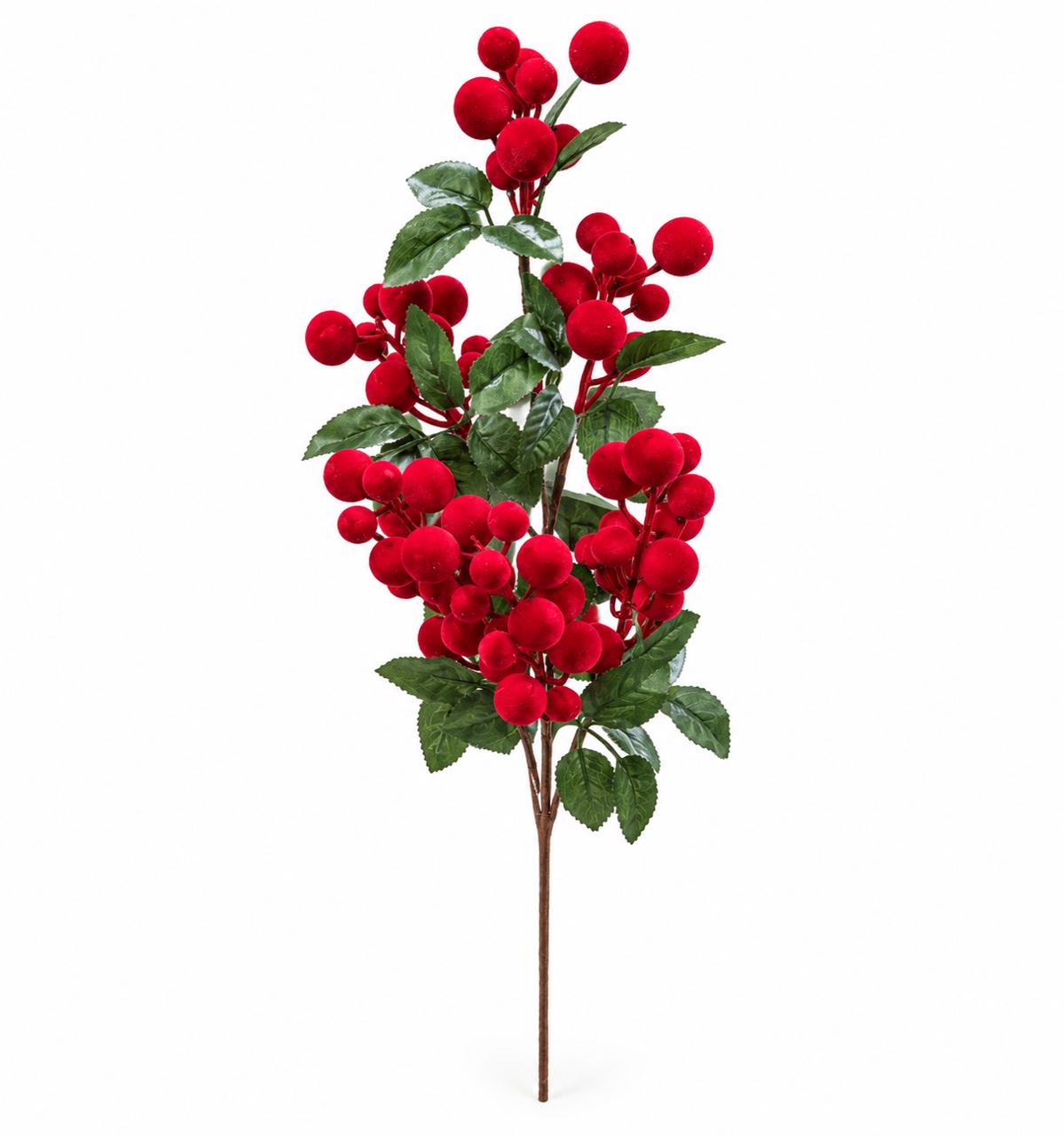 Red Velvet Berry and Leaf Holiday Floral Pick - white background