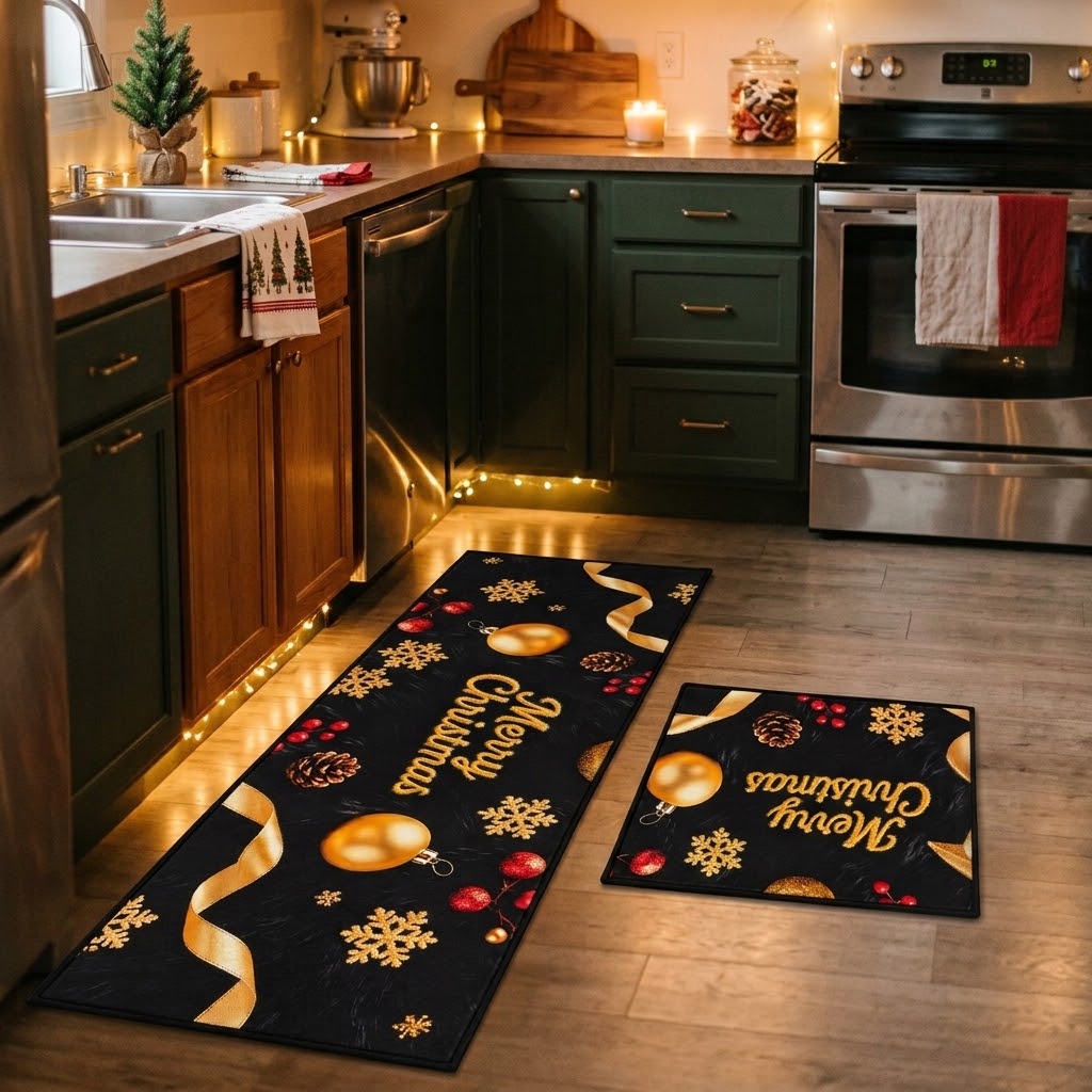 2-Piece Holiday Room Mat Set – Black & Gold