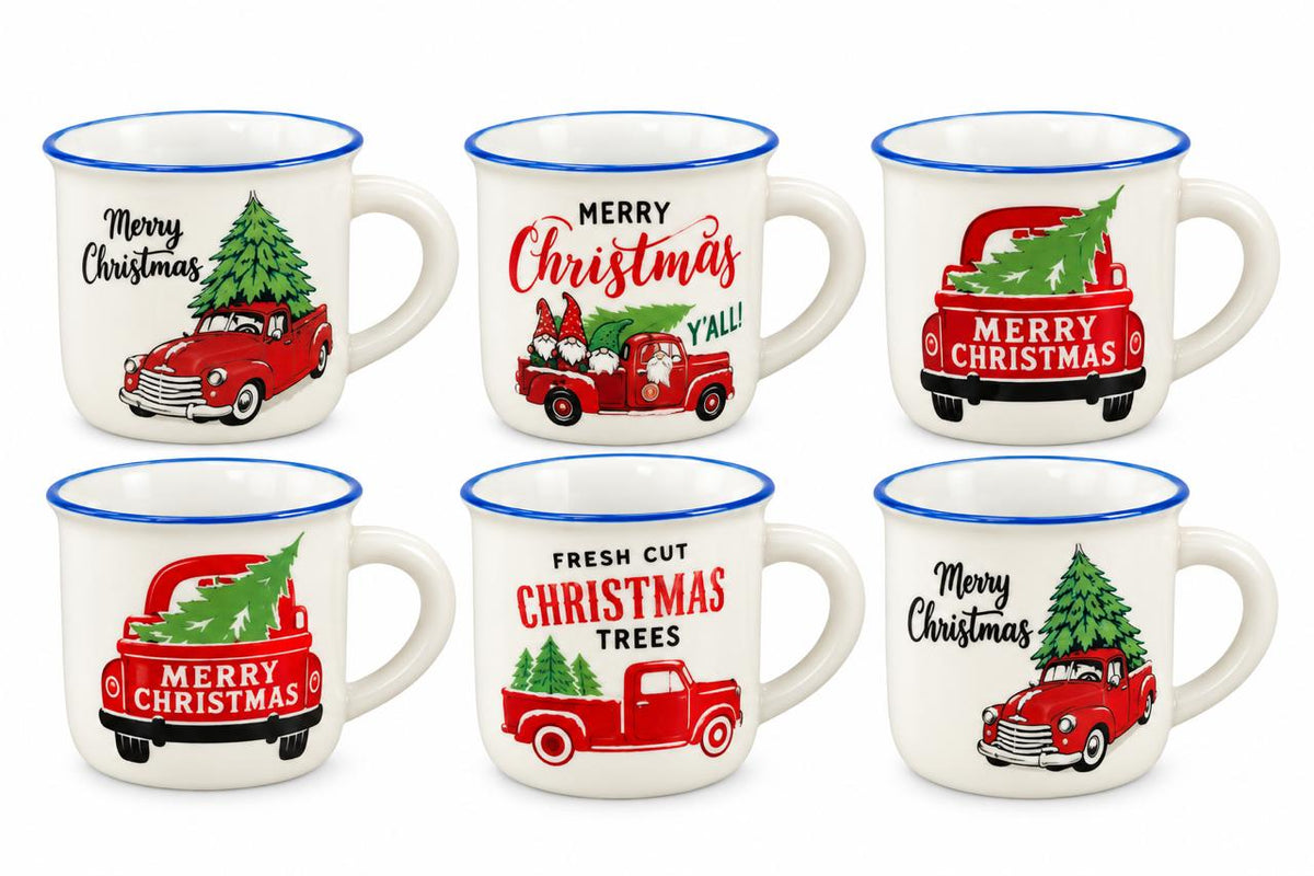 Festive Christmas Ceramic Mug Set – Red Truck on white background