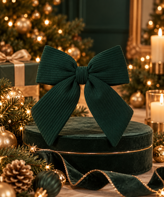 Large Dark Green Ribbed Holiday Bow with Tails