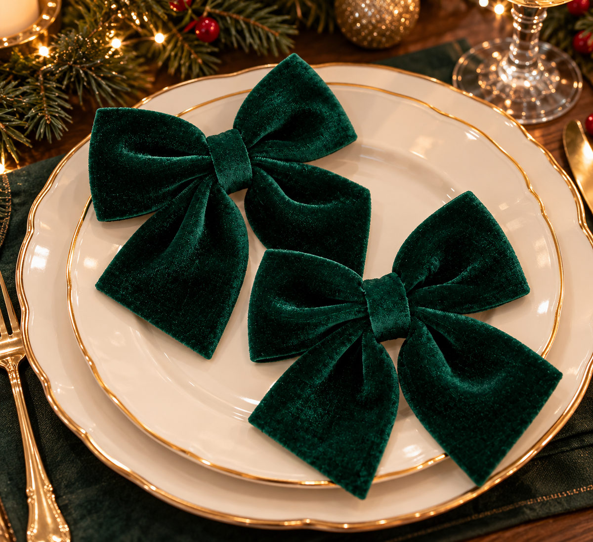 2-Piece Dark Green Velvet Holiday Bow Set