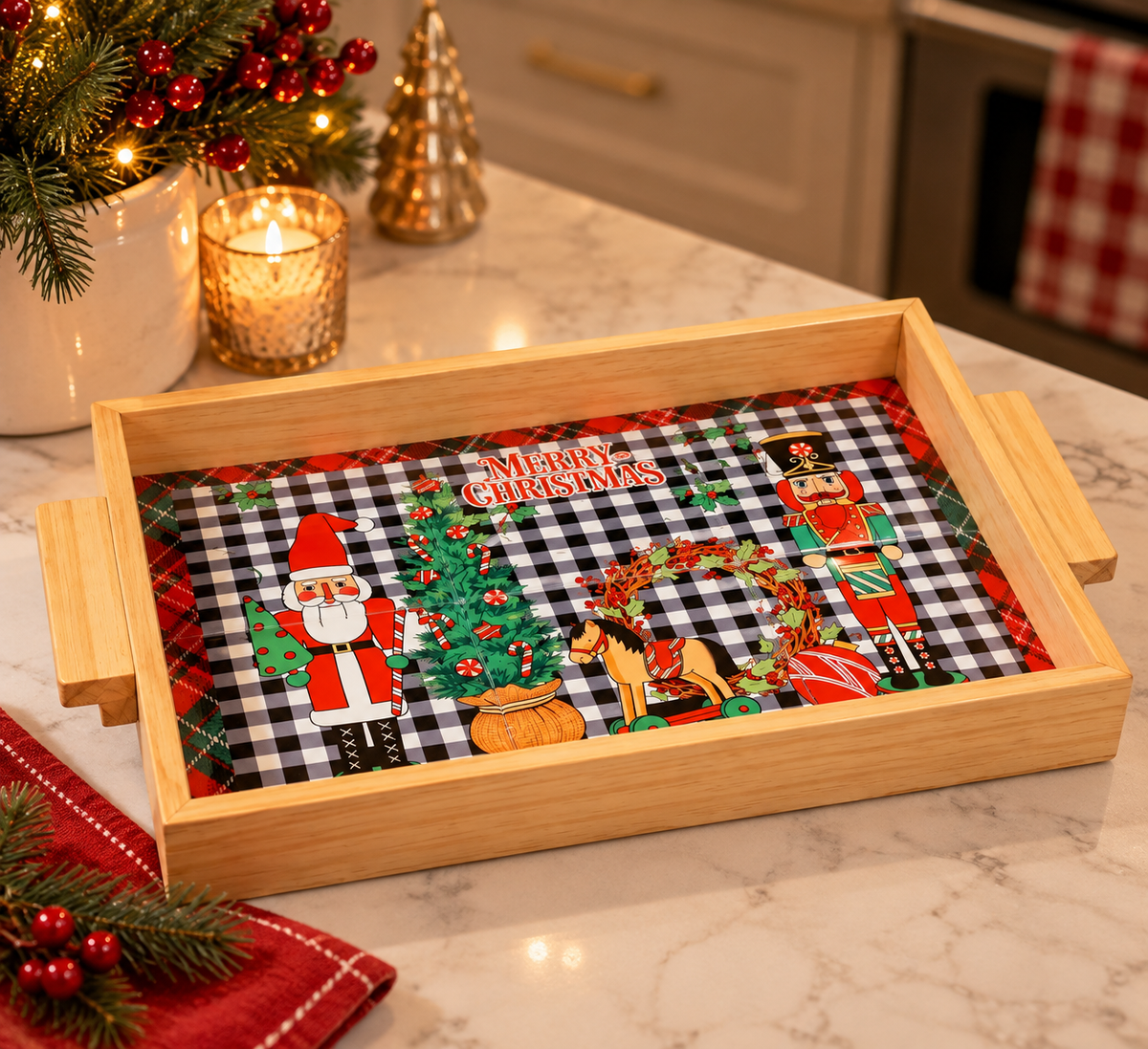 Wooden Holiday Serving Tray with Buffalo Check Design - styled on a Christmas table