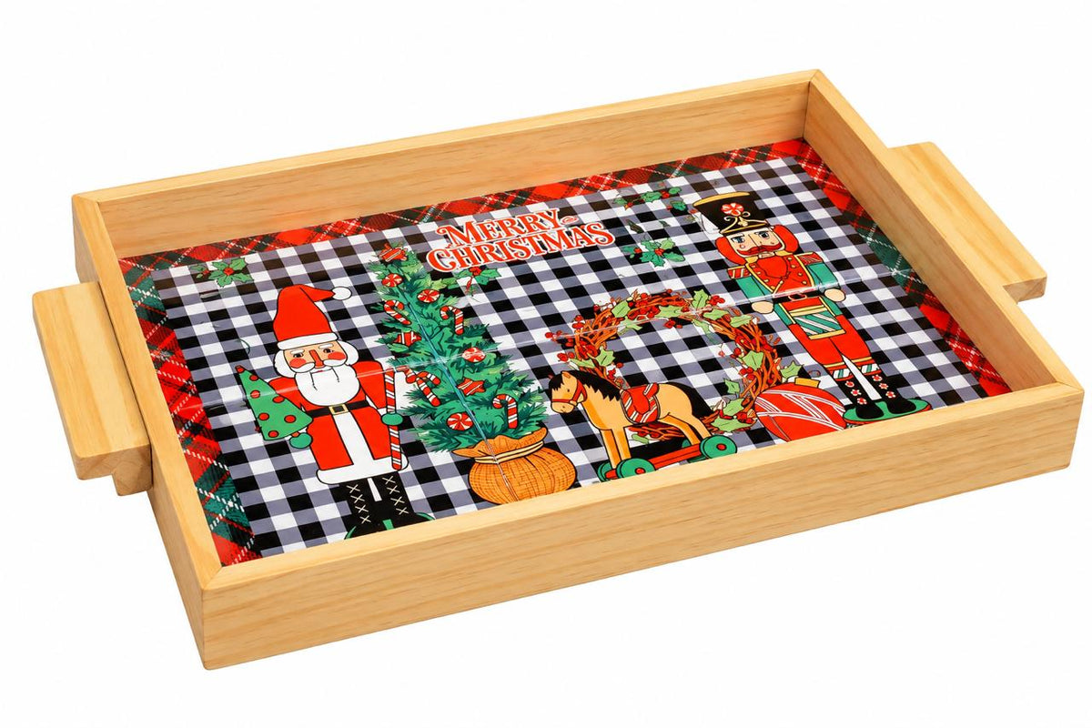 Wooden Holiday Serving Tray with Buffalo Check Design - white background