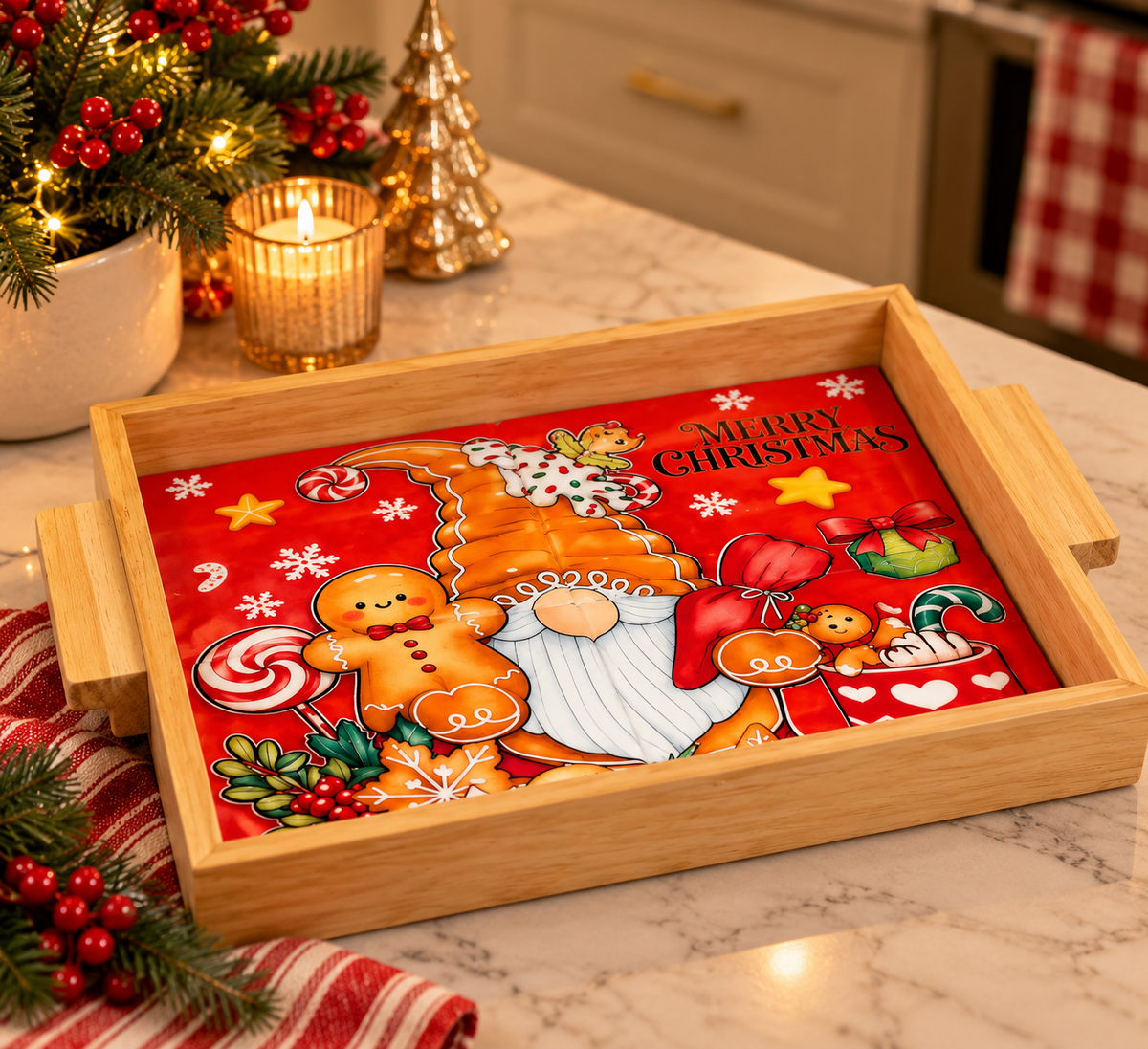 Wooden Holiday Serving Tray with Gnome and Gingerbread Design - styled on a Christmas table