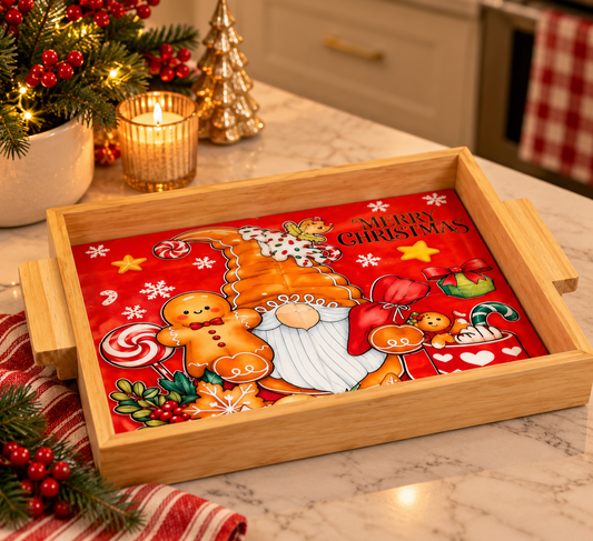 Wooden Holiday Serving Tray with Gnome and Gingerbread Design - styled on a Christmas table
