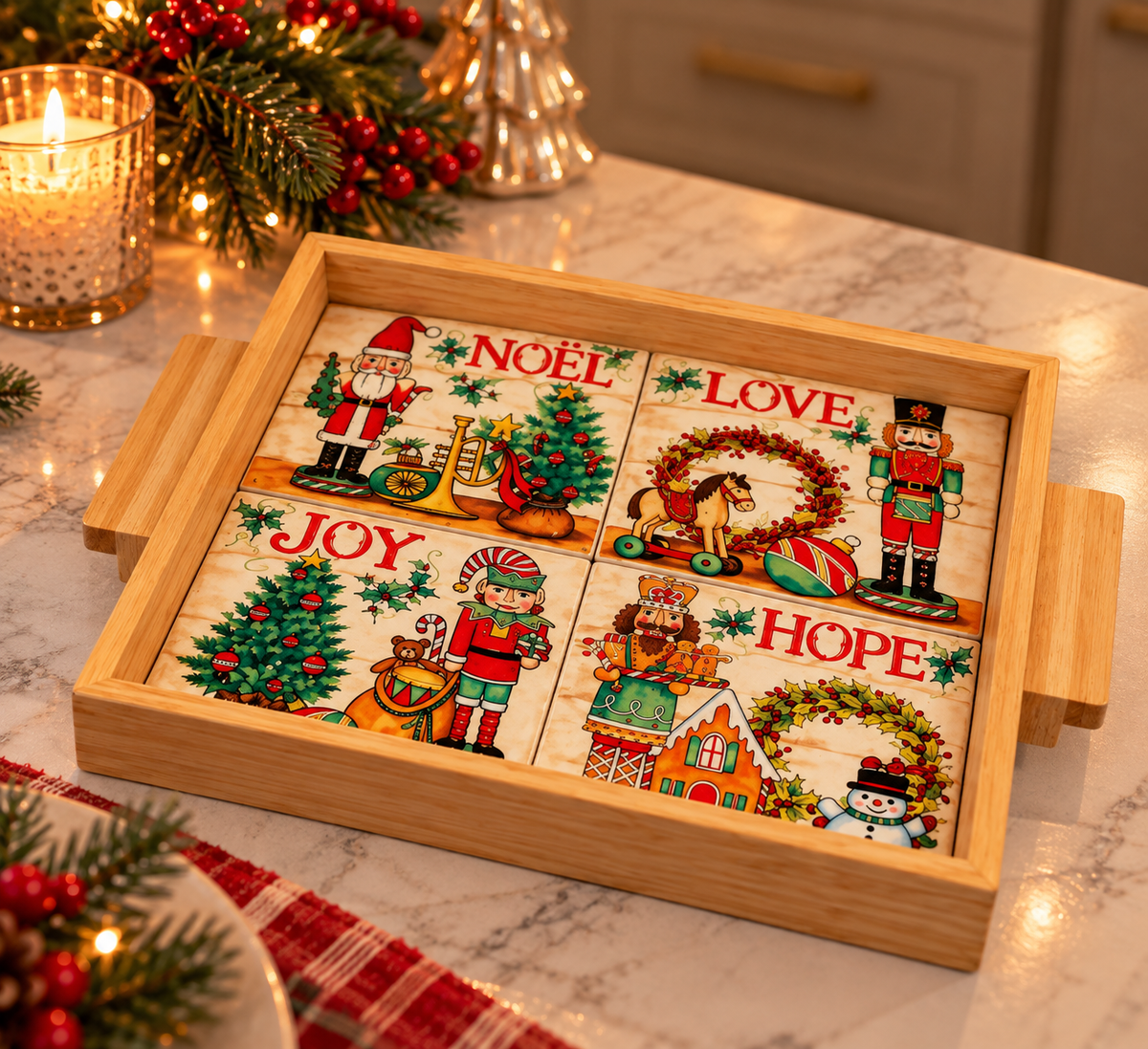 Wooden Holiday Serving Tray with Four-Panel Christmas Tiles - styled on a Christmas table