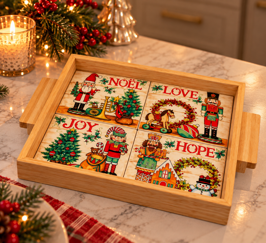 Wooden Holiday Serving Tray with Four-Panel Christmas Tiles - styled on a Christmas table
