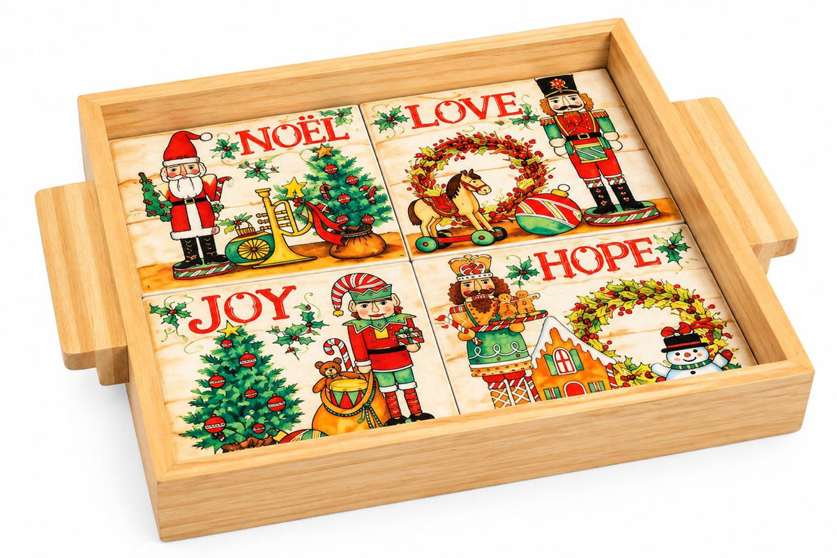 Wooden Holiday Serving Tray with Four-Panel Christmas Tiles - white background