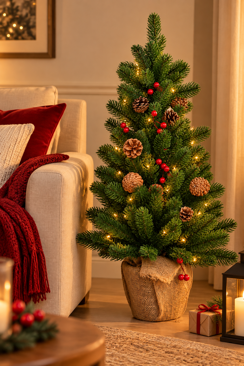 Burlap Tabletop Christmas Tree - styled holiday setting