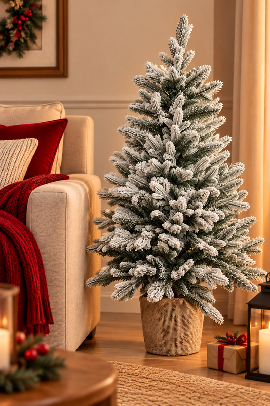 Flocked Burlap Tabletop Christmas Tree - styled holiday setting
