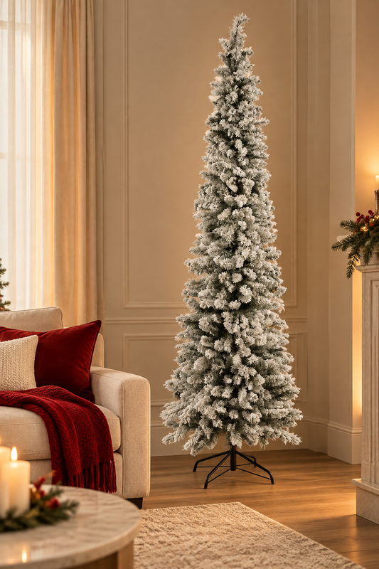 Tall Flocked Pencil Christmas Tree - styled holiday setting