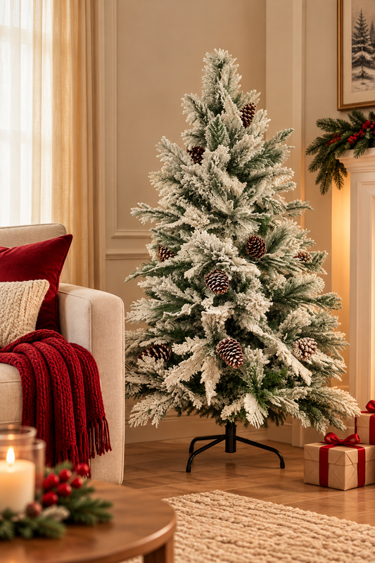 Flocked Christmas Tree with Pinecones - styled holiday setting