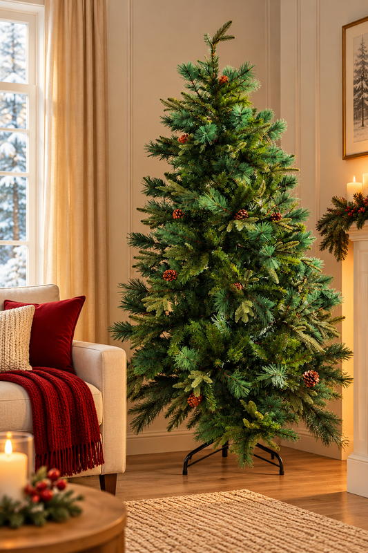 Classic Pine Artificial Christmas Tree with Cones - styled holiday setting
