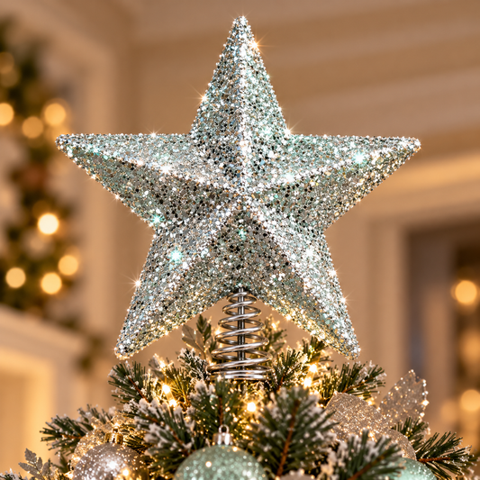 Silver Glitter Star Christmas Tree Topper - styled holiday setting