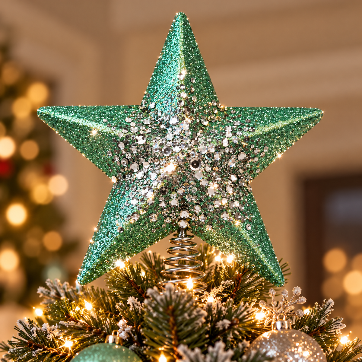 Green Glitter Star Christmas Tree Topper - styled holiday setting