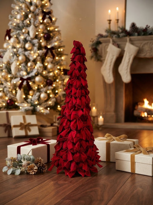Velvet Bow Tabletop Christmas Tree - Red - styled holiday setting