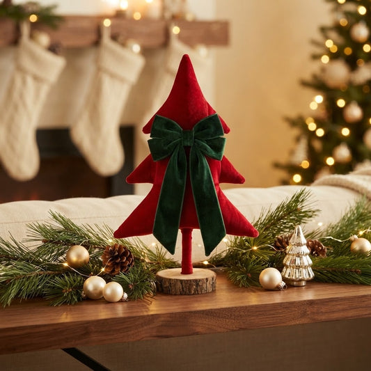 Red Velvet Tabletop Christmas Tree with Green Bow - styled holiday setting