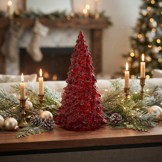 Red Glass Tabletop Christmas Tree - styled holiday setting
