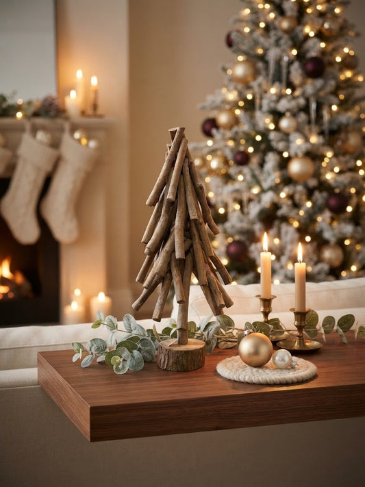 Rustic Wooden Twig Tabletop Christmas Tree - styled holiday setting