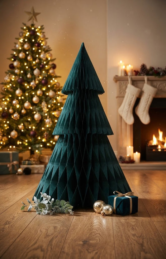 Dark Green Honeycomb Paper Christmas Tree - styled holiday setting