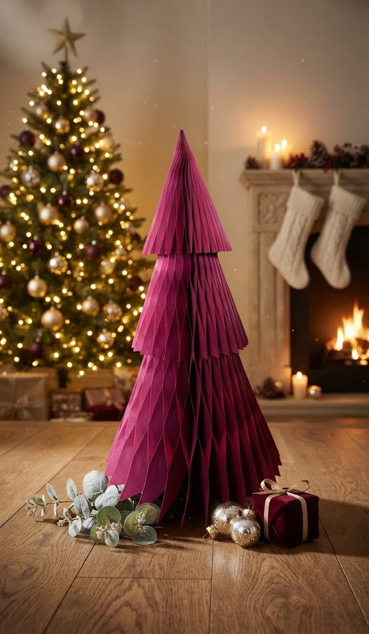 Magenta Honeycomb Paper Christmas Tree - styled holiday setting