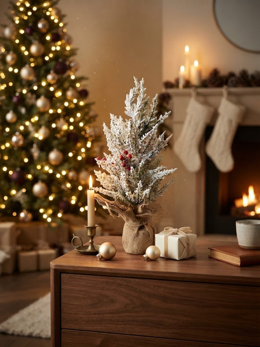Snowy Berry Burlap Tabletop Tree - styled holiday setting