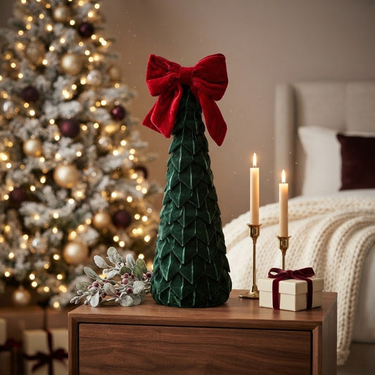 Green Velvet Leaf Tabletop Christmas Tree - styled holiday setting