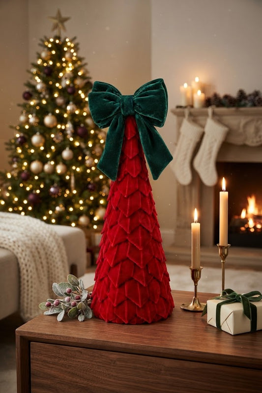 Red Velvet Leaf Tabletop Christmas Tree - styled holiday setting