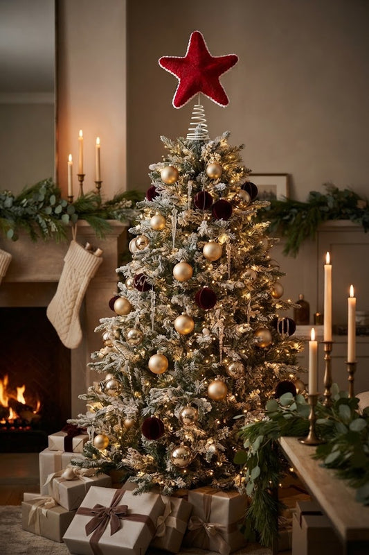 Red Plush Star Christmas Tree Topper - styled holiday setting