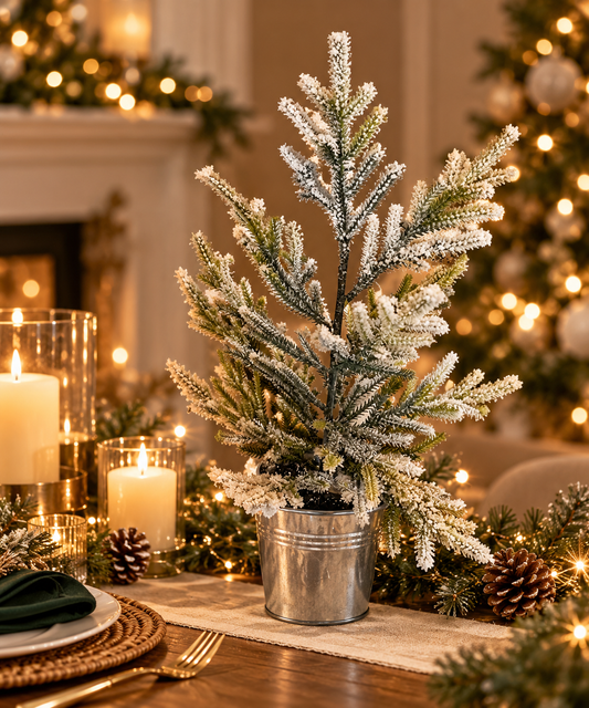 Frosty Cedar Tabletop Tree in Metal Pail - styled holiday setting