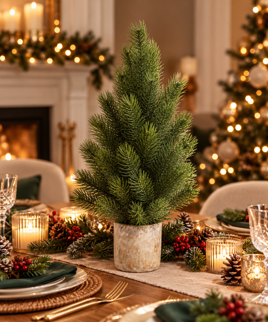 Potted Green Pine Tabletop Christmas Tree - styled holiday setting